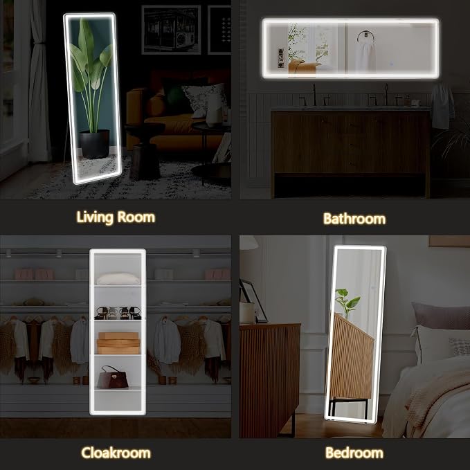 Sweetcrispy LED Full Length Floor Mirror, 60"x16" Lighted Full Body Mirror | Standing Mirror with Dimming & 3 Color Lighting, Shatterproof Tempered Glass, Wall Hanging or Leaning for Home Decor, White