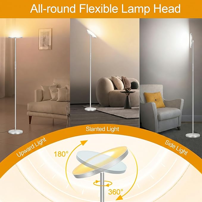 mukuxin Floor Lamp, Upgraded 40W 4000LM Super Bright Torchiere LED Floor Lamps for Living Room, Stepless Dimmable Color Temperature 2700K-6500K with Remote & Touch Control, Standing Light (Silver)