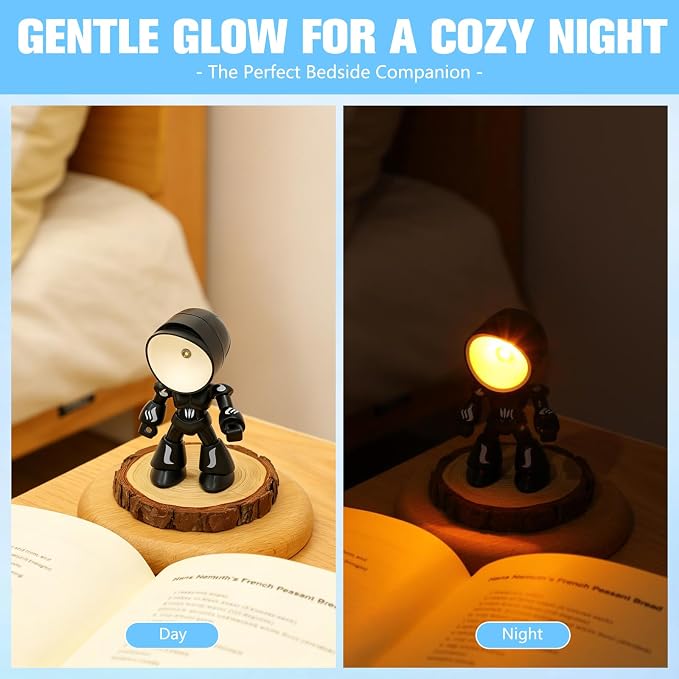Mini Night Light, Posable Cartoon Cute Robot Companion Table Light, Bedside Reading Table Lamp for Desk Decor, Bedroom, Office (Black)