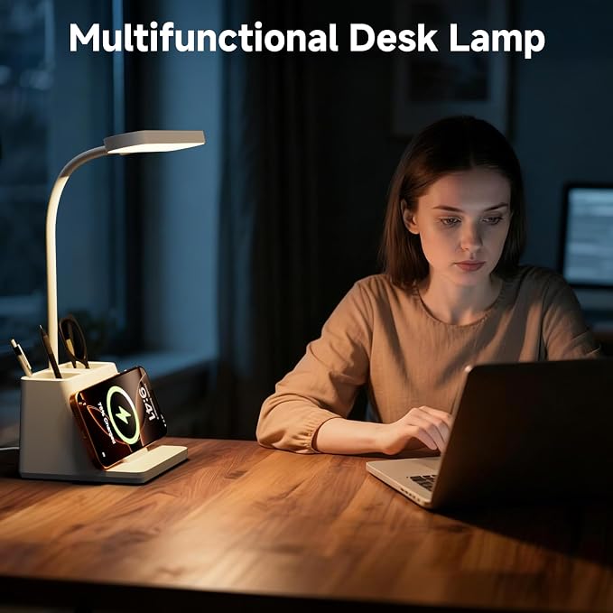 Desk Lamp with Fast Wireless Charger, College Dorm Room Table Light | 18 in, Adjustable LED, White, Small, Cute, for Home Office