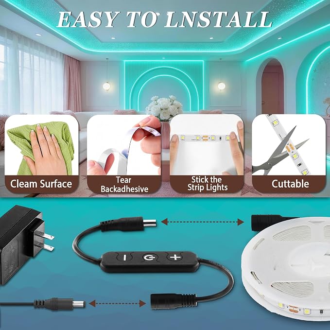 Teal 50 Foot Led Lights Strip Indoor Rope Lights Easy DIY Cuttable Strip Lights for Room Bathroom Living Room Kitchen Ceiling Wall Vanity Mirror Decor