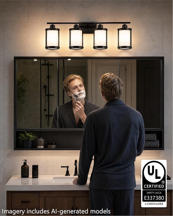 4-Light Black Bathroom Light Fixtures with Milk White Frosted Glass, 29" UL-Listed Modern Wall Sconce Over Mirror with Metal Cage for Bath, Hardwire E26, OS-3014BKW-4W