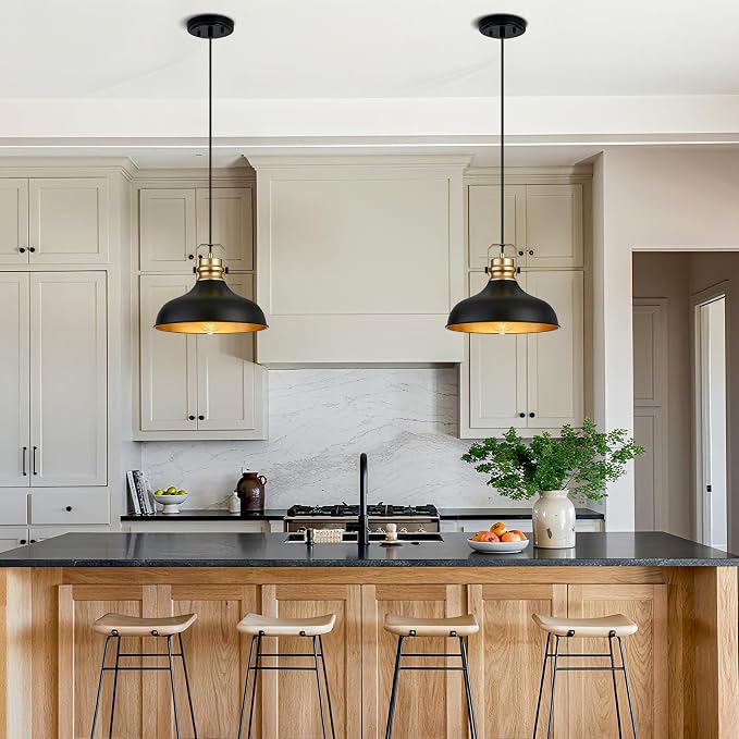 Black and Gold Pendant Lights Kitchen Island Fixtures | ETL Certificate,Industrial Adjustable Height Vintage Dome Hanging Light Fixtures for Barn,Dining Room 2 Pack