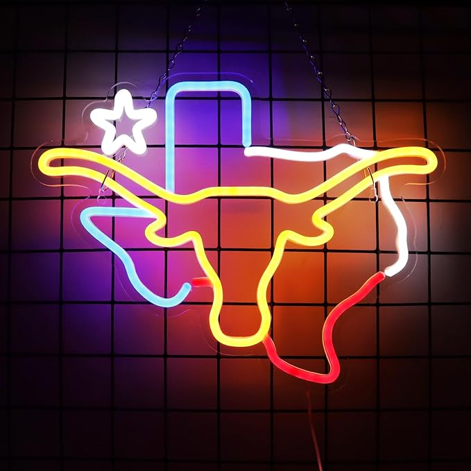 TEXAS Neon Long-horn Sign for Wall Decor -Adjustable Brightness LED Bull Neon Light Signs, Cow Neon Signs - USB Powered Hanging Neon Sign for Game Room, Man Cave, Bar 15.12 IN