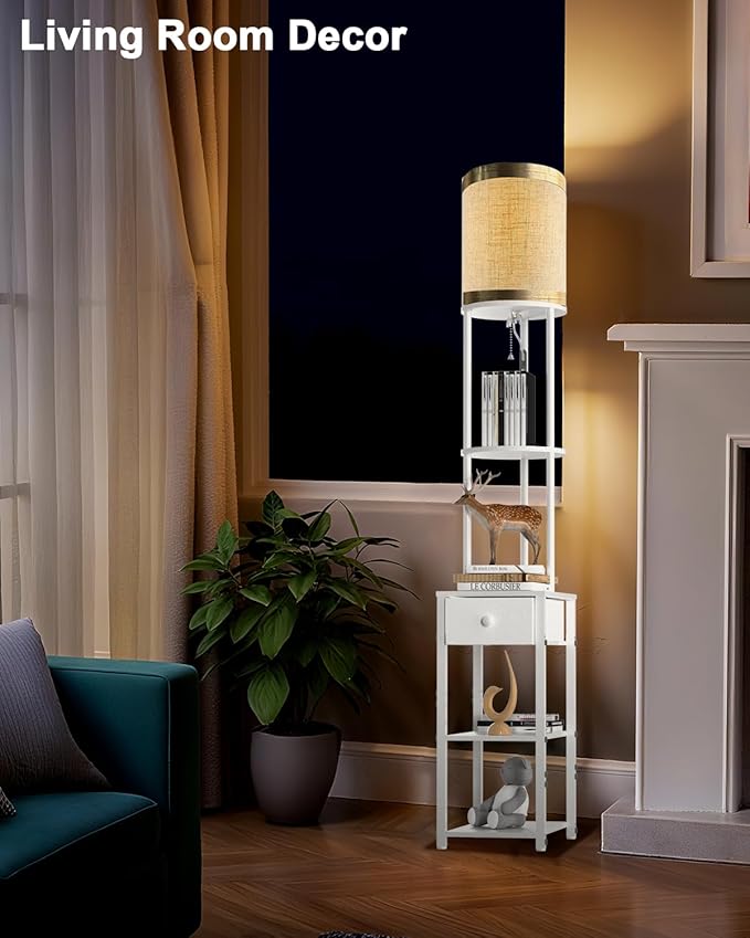 Lightdot 65IN Floor Lamps with Storage Table&Drawer, Corner Shelf Lamps with White End Table and Fabric Shade, Modern Standing Tall Lamp for Living Room/Bedroom/Sofa Beside/Corner Decor(Bulb Included)