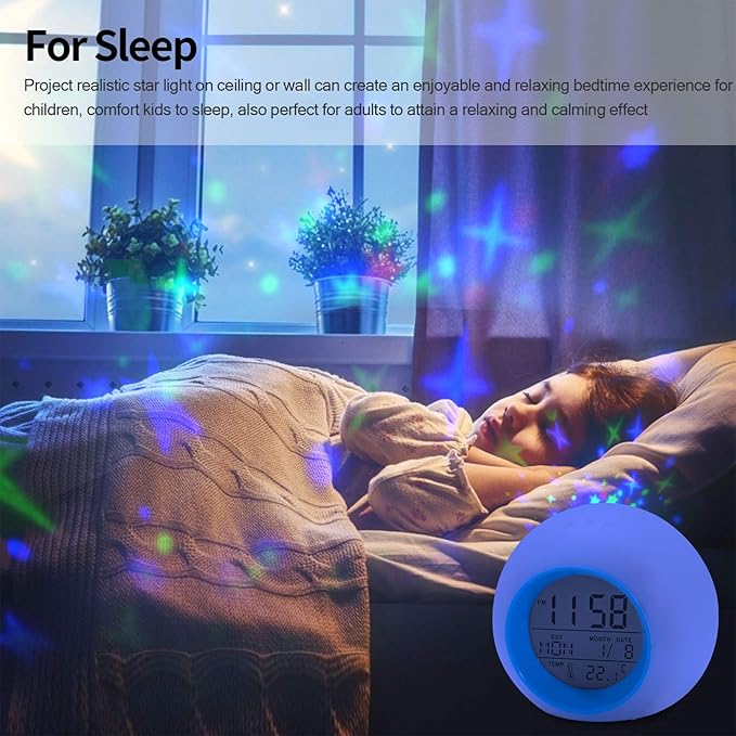 Kids Alarm Clock Boys,Moon Stars Projector Alarm Clock,7 Color Changing Nightlight Clock,Snooze Touch Control Temperature for Kids Bedrooms, Digital Clock for Girls Boys Children Birthday Gifts