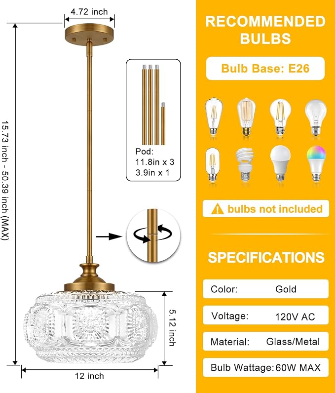 Large Gold Pendant Lights Kitchen Island, Flush Ceiling Light | 12 inch, Clear Glass Shade, Vintage Pendant Light, Adjustable Hanging Light for Kitchen Island Bedroom Hallway Bathroom