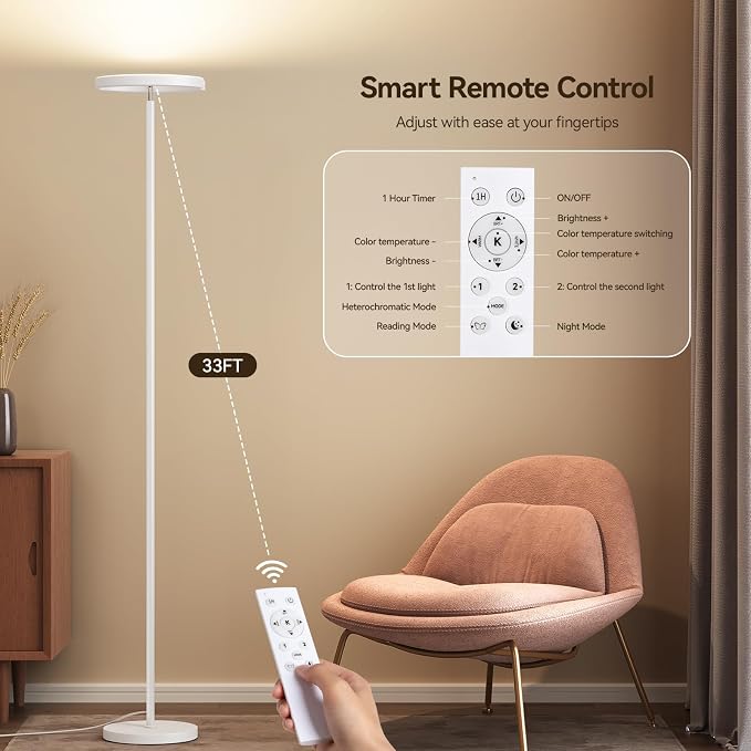SUNMORY Floor Lamp for Living Room, 28W Bright LED Lamp with Remote Control | 1600lm Dimmable Rotatable Standing Lamp, 74" Tall Modern Reading Torchiere Uplighter Lamp for Bedroom Office Corner, White