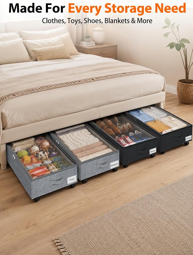 punemi 10 inch Tall Under Bed Storage Bins with Wheels, 2-Pack, Gray | Clear Lids, 5-Wheel Rolling Organizers for Clothes, Shoes and Blankets, Underbed, Closet & Dorm Organizataion