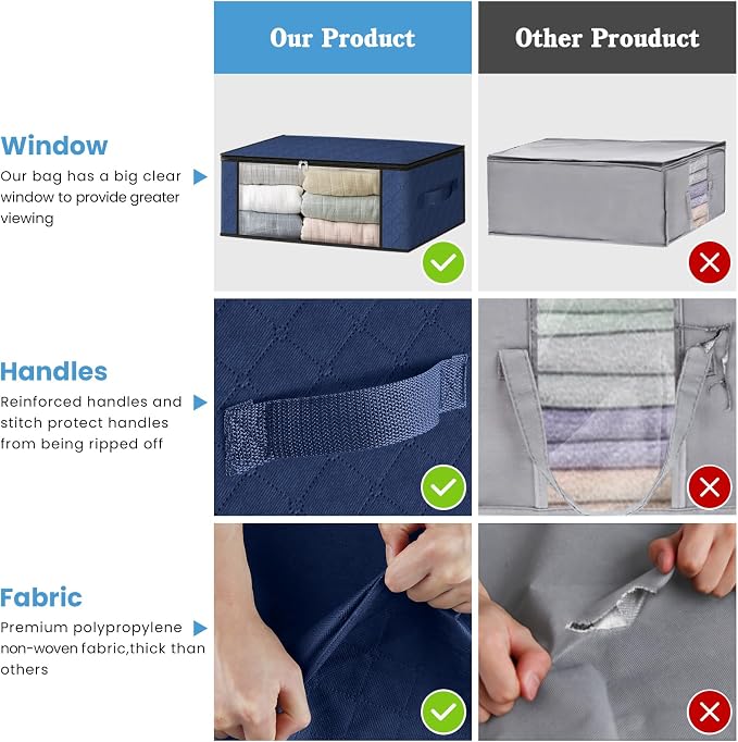 HomeHacks 6-Pack Clothes Organizer Storage Bags, 35L Storage Bins, Blue | Foldable Storage Box Container with Zippers, Clear Window, Reinforced Handles for Closet, Dorm, Pillows, Bedding, Sweater