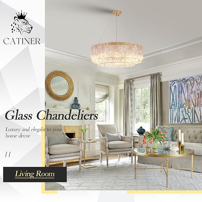 Gold Chandeliers 24”Modern Crystal Glass Round Chandelier 10-Light Drum Pendant Ceiling Light Fixtures Luxury 2 Tiers Hanging Chandelier for Dining Room Foyer Living Room Bedroom