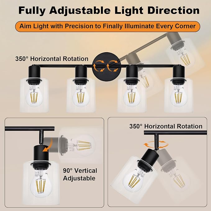 HiBay 4-Light Black Track Lighting Fixture Rotatable Ceiling Wall Spotlight | Adjustable 4 Heads with Glass Shades, Modern Farmhouse Industrial, for Kitchen, Dining Room, Bathroom, E26 Base