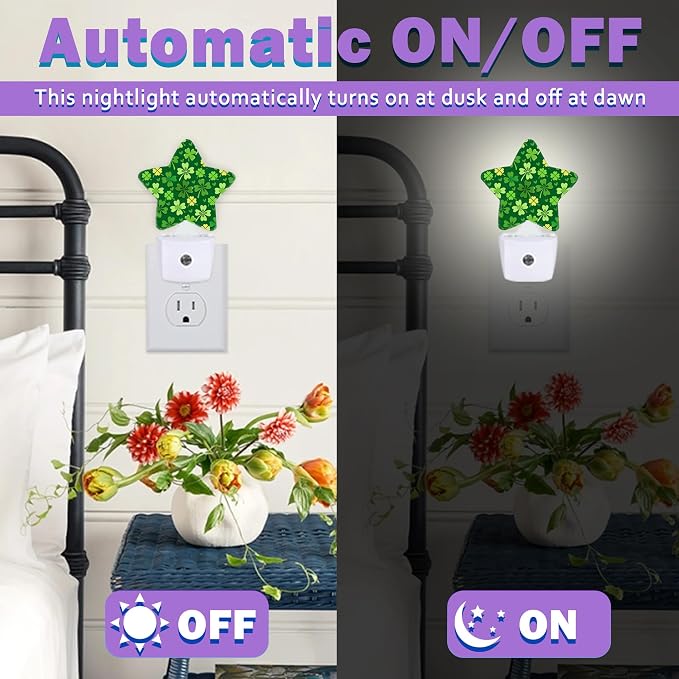 Energy Efficient Nightlights Plug in Wall, Green Shamrock Night Light for Kids Bedroom Decorative, Clover Leaf Dusk-to-Dawn Sensor Sleep Friendly Lamp for Nursery Bathroom Basement