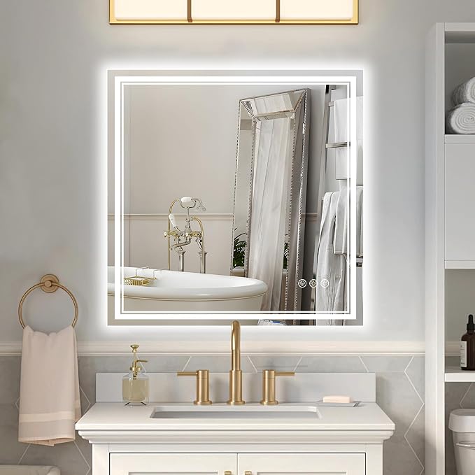 Ratsamee 30x30 Inch Led Mirror for Bathroom with Front Light and Backlit, Bathroom Mirror with Led Lights, Vanity Mirror with Lights for Wall, Anti-Fog, Dimmable, Memory Function, Tempered Glass