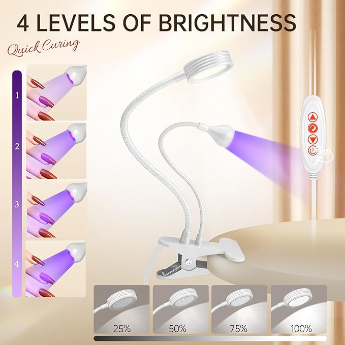 AORAEM LED Nail Lamp Double-Headed UV LED Light Quicky-Dry Duck Neck UV Lamp Dryer Curing Light with Portable Gooseneck and Clamp Flash Cure U V Light for Gel Nails Professional Home DIY Salon White