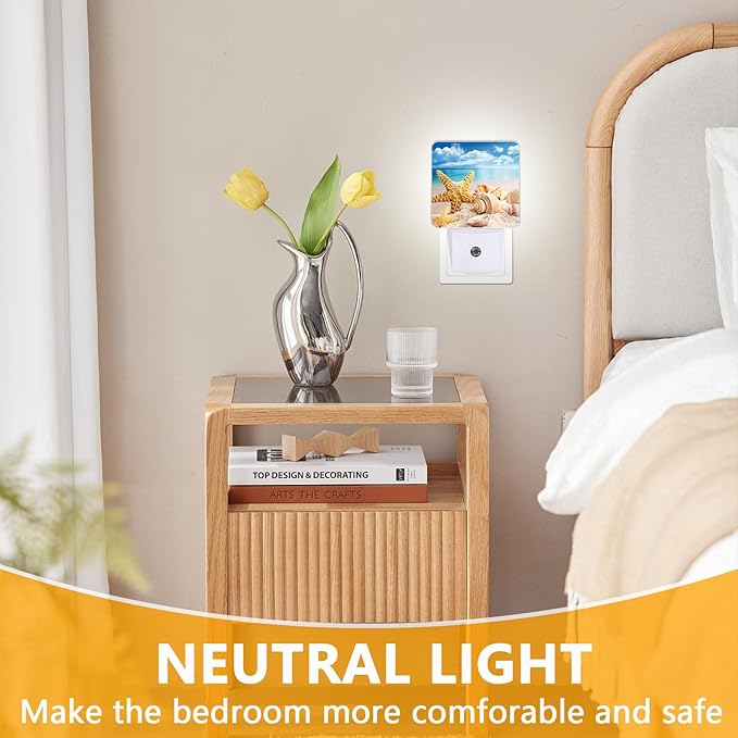 Ocean Beach Summer Night Light, Plug-into Starfish Seashell Sea Nightlight White LED Lamp, Energy Efficient Decor Desk Lamp for Bedroom Hallway Stairs Bathroom