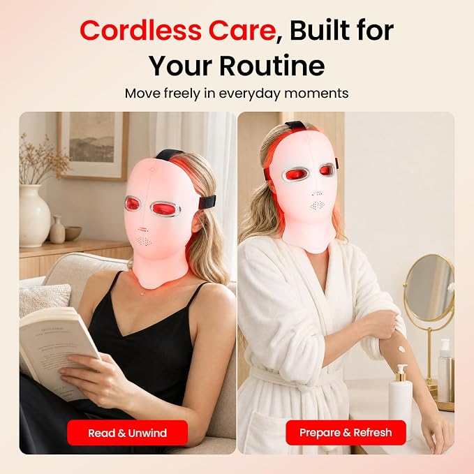 Red Light Therapy Mask for Face and Neck, Cordless LED Face Mask | 7-Color Multi-Mode Skincare Device, Detachable Neck Panel, echargeable for Home Use