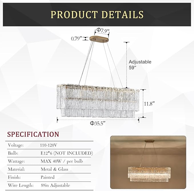 Gold Rectangle Chandeliers for Dining Room Modern Island Light Crystal Glass 6-Light Chandelier Rectangular Linear Pendant Hanging Ceiling Light Fixture for Kitchen L35.5”