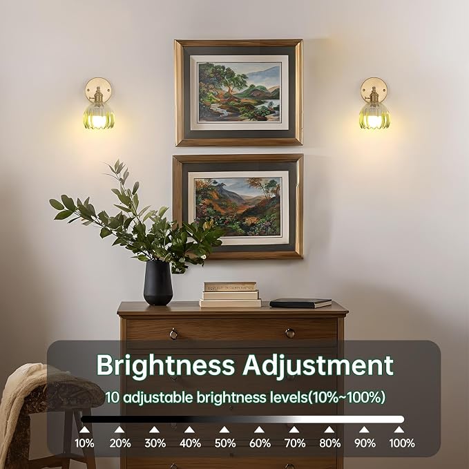 Shenmoyl Vintage 5000 mAh Battery Operated Wall Sconce with Green Clear Tulip Gradient Glass Lampshade Rechargeable Battery Powered Wall Light with Remote Control for Bedroom, Set of 2