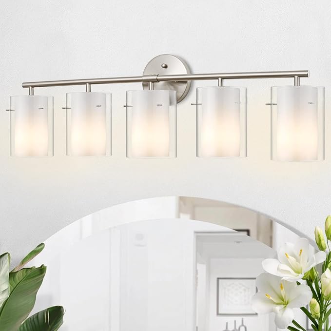 Brushed Nickel Bathroom Light Fixtures Over Mirror, 5-Light 33-Inch Vanity Lights with Dual Glass Shades, Eye-Friendly Modern Vanity Lights for Bathroom Bedroom Living Room Hallway
