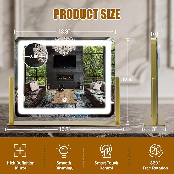 Rechargeable Vanity Mirror with Lights, 3000mAH Battery, 16"×12.4" LED Makeup Mirror, 10X Magnification, Smart Touch with 3-Color Lighting, 360° Rotation, Lighted Up for Makeup Desk, Bedroom (Gold)