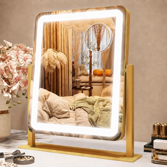 ROLOVE Vanity Mirror with Lights, 12.6"×15" LED Makeup Mirror, Lighted Makeup Mirror with Lights, Smart Touch Control Dimmable 3 Modes Light, Lighted Up Mirror for Makeup Desk, Gold