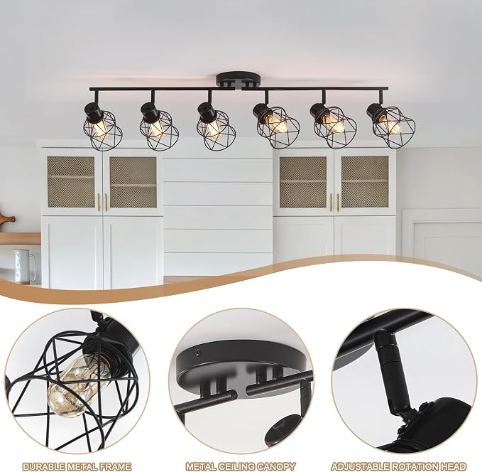 6 Lights Adjustable Multi-Directional Black Light Fixtures, Semi Flush Mount Ceiling Light, Kitchen Light Fixtures, Track Lighting Fixtures Metal Cage Industrial Spotlight Fixtures for Dining Room