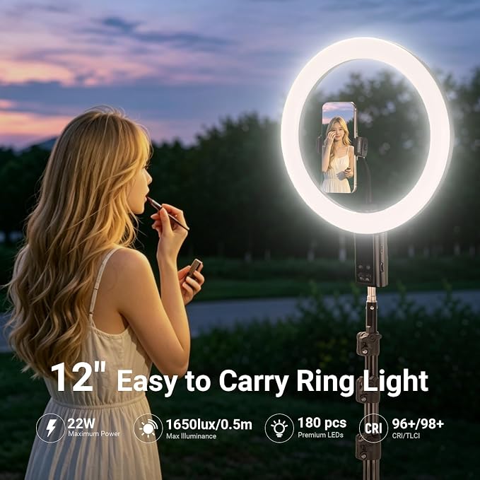 NEEWER 12" Selfie Ring Light with App Control/Remote/Tripod Stand, 3200mAh LED Bi Color CRI95 2900K-7000K Ringlight Circle Lighting Compatible with iPhone Vlog Makeup Studio Video Recording, RB12B