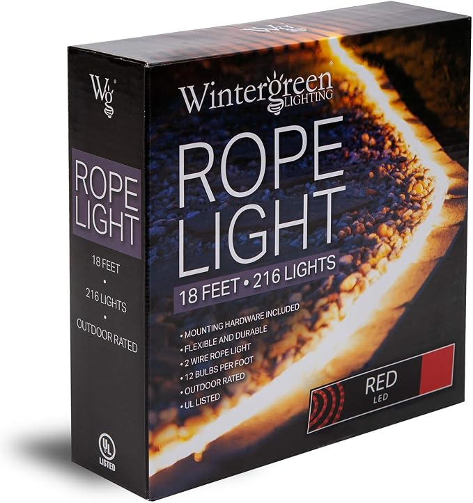Wintergreen Lighting 18' LED Red Rope Light, Flexible Rope String Light Outdoor – Bedroom LED Light Rope, 120V, ½ Inch, 2-Wire – Rope Light Clips and Power Cord Included