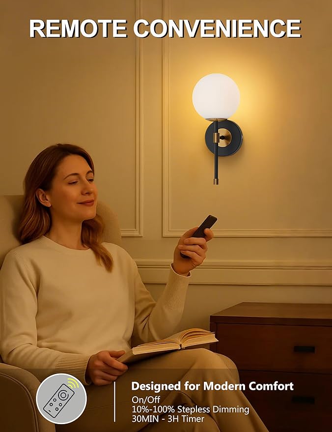 Battery Operated Wall Sconces Set of 2, Glass Globe Wireless Lights with Remote & Touch Control, Rechargeable Black & Gold Sconce, 3 Color Dimmable Ambient Lighting for Bedroom Living Room