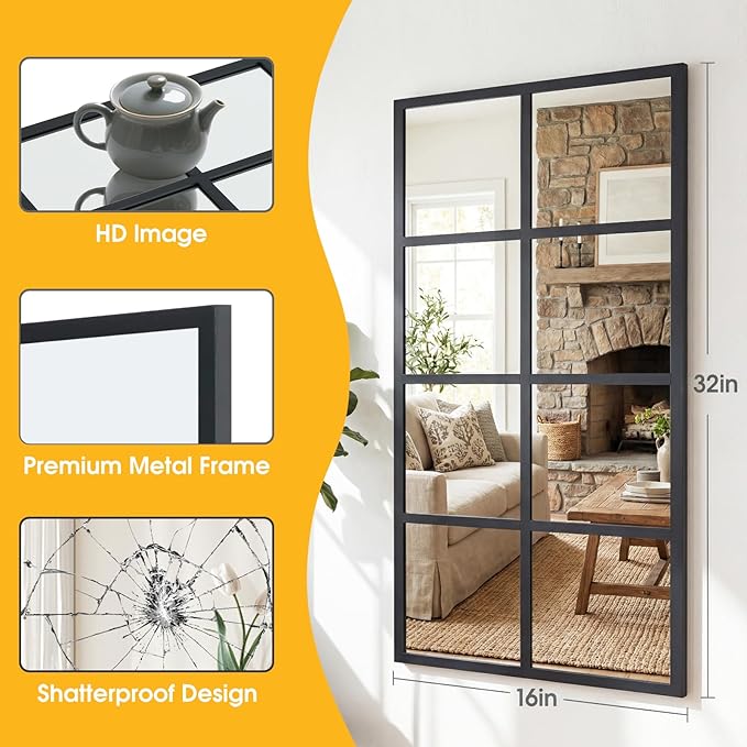 NEWBULIG Wall Mirror, 32" x 16" Window Decorative Mirrors, Metal Framed Wall Decor Wall-Mounted Mirrors for Bedroom, Living Room, Entryway, Black