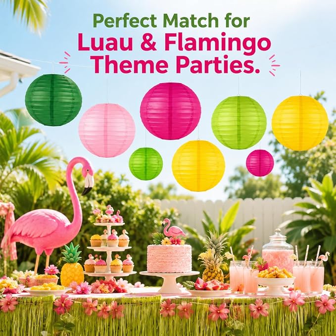 12 Pcs Paper Lanterns Party Decorations, 8 and 10 in Hanging Round Lantern Lamps for Luau, Flamingo, Summer Hawaiian Birthday, Party Decor (Dark Green, Hot Pink, Grass Green, Pink, Yellow)
