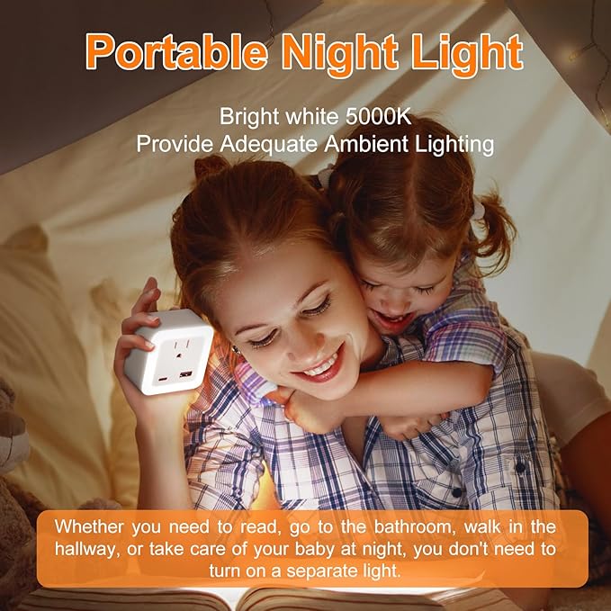Night Lights Plug Into Wall 2 Pack Rechargeable Battery Backup Light Dusk to Dawn Sensor Night Light with Outlet Expander for Adults Kids Bedroom, Kitchen, and Bathroom (2, cool white, 5000K)