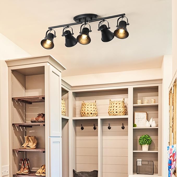 SEEBLEN 5-Light Track Lighting Kit, Directional Ceiling Light, Industrial Black Kitchen Track Lighting Fixtures Ceiling for Kitchen, Living Room, Dining Room, Hallway.