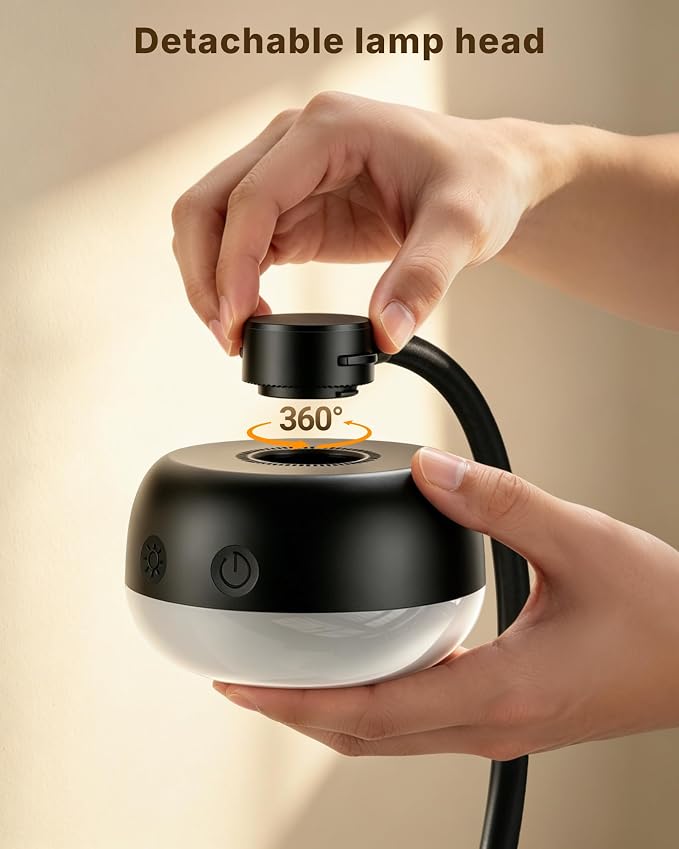 Pebble-Shaped Clip on Reading Light with Detachable Lamp Head, 5000mAh Rechargeable Battery, 360° Ambient Glow, Remote & Timer, Stepless Dimming, 12inch Gooseneck Clamp Lamp for Bed Headboard & Desk