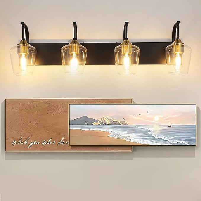 Black Bathroom Light Fixtures - 4-Light Vanity Light with Clear Glass Shades, 33.07'' Industrial Gold Wall Lights for Bedroom Hallway Living Room Kitchen