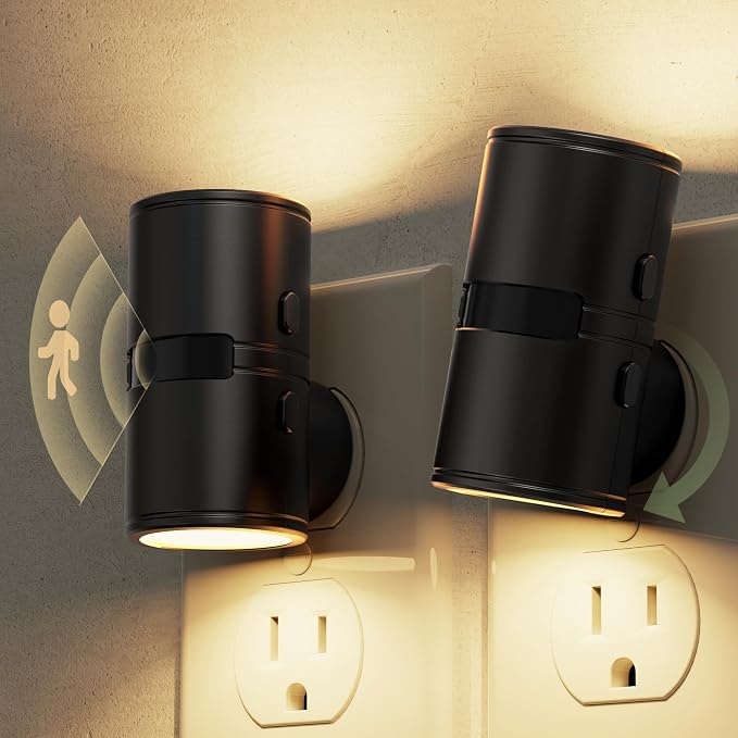L LOHAS LED Motion Sensor Night Light, Motion Sensor Light Indoor, Rotating | Motion Activated Night Lights Plug into Wall,Amber-3000K-5000K,10-50-100%LM Dimmable Nightlights Mini, Hallway Bathroom,2Pack