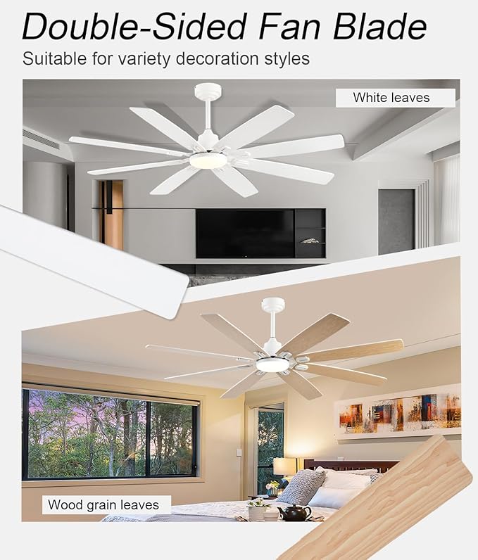 Ceiling Fan with Light and Remote/APP Control, 62 inch Large Low Profile Ceiling Fans for Living Room Patio, Quiet DC Reversible Motor, 8 Speed, 3CCT, Dimmable, Dual Finish 8 Blades, White