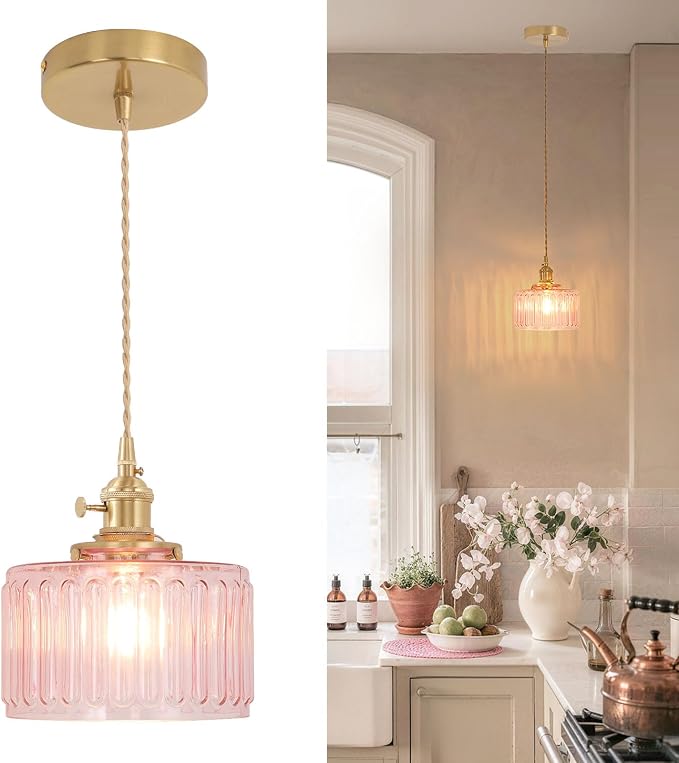 Shenmoyl Pendant Light with Pink Striped Glass Lmapshade, Brass Vintage Pendant Light Adjustable Hanging Light for Kitchen Island Dining Room Hallway