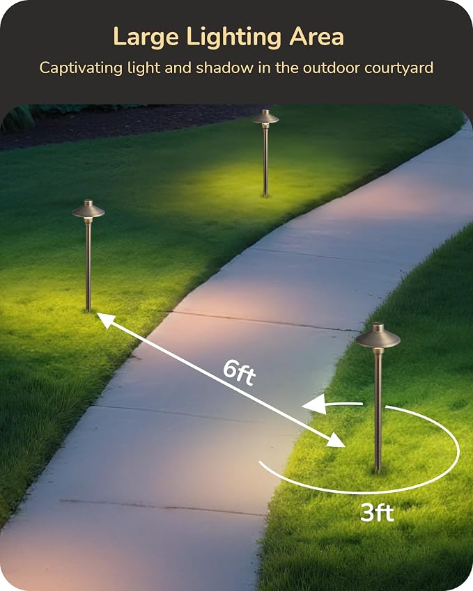 EDISHINE Solid Brass Low Voltage Landscape Lighting with G4 Bulbs 6 Pack | 22" Tall 6" Shade, 12V 350LM 3000K, Heavy Duty, Waterproof LED Pathway Lights Wired for Path, Yard, Garden