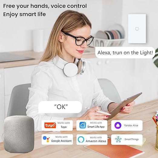 WiFi Smart Light Switch,1-Button Single Gang 2.4GHz Wi-Fi Touch Switch, Neutral Wire Required,Work with Smart Life/Tuya App and Alexa,White