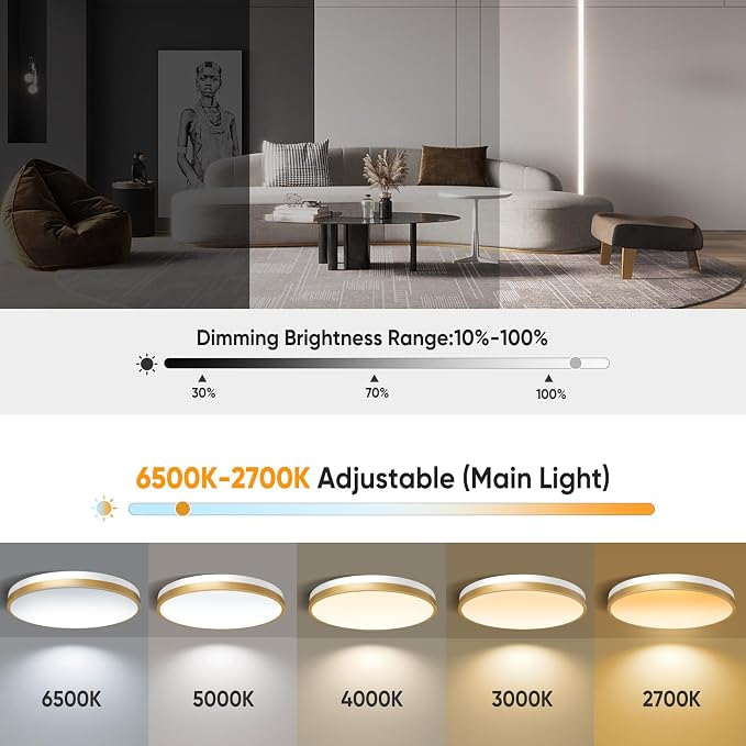 11 Inch Flush Mount Ceiling Light with Remote Control & Night Light, 5CCT Dimmable Ceiling Light Fixture, 20W 2000LM 2700K-6500K Adjustable LED Ceiling Lights for Bedroom Kitchen, White Gold