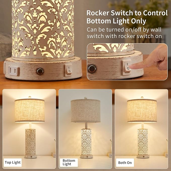 SAIWEYA 26" Farmhouse Table Lamp for Living Room Bedroom, Dimmable Touch | 3 Way Dimmable, 2 USB Ports + AC Outlet Bedside Lamp for Nightstand, LED Bulb Included, Fabric Shade, Flower Metal Body