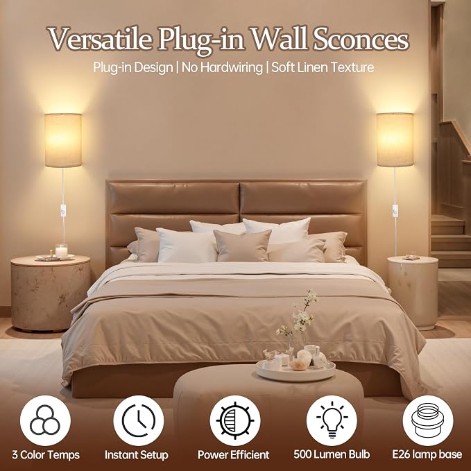 Shenmoyl Plug in Wall Sconces Set of Two Wall Lights with On/Off Switch - Stepless Color Temperature Wall Mount Lamps - Fabric Linen Wall Sconce for Bedroom Living Room - Indoor Corded Wall Sconces