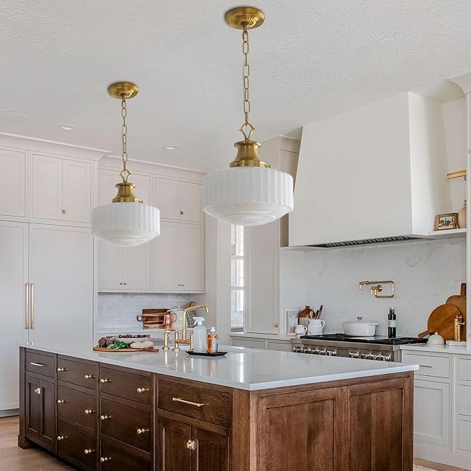 Milk Glass Pendant Light, 10.63" White Pleated Glass Chandelier, Vintage Brass Antique Pendant Lights, for Kitchen Island Lighting, Hallway, Bedroom, Dining Room, Foyer, E26 Bulb Included