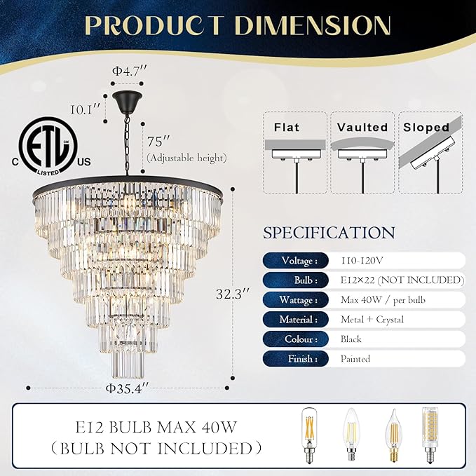 Large Black Crystal Chandelier 36" Round Chandeliers for Staircase Modern 22 Lights 7-Tier Luxury K9 Crystal Ceiling Pendant Lighting Fixture for High Ceiling Living Room Foyer