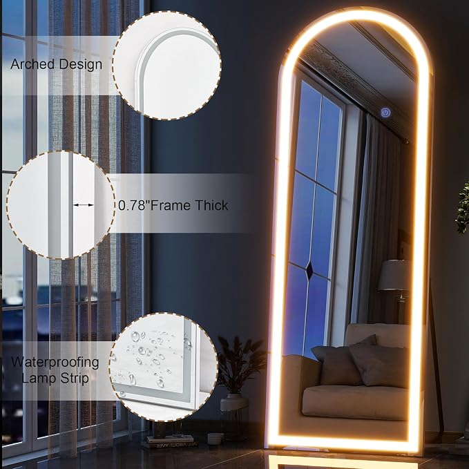 Arched LED Mirror Full Length Standing, 64"x21" Full Body Mirror | Lighted Floor Mirror with Stand, Dimmable & 3 Color Lighting, Wall Mounted Leaning Standing Mirror for Bedroom, Cloakroom