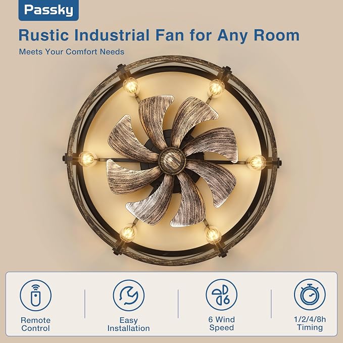 Passky 24" Caged Ceiling Fans with Lights and Remote, Low Profile Fandelier | Reversible DC Motor, 1/2/4/8H Timer, 6 Speeds, Farmhouse, Quiet Operation, 6 E26 Sockets, For Bedroom, Kitchen, Dining Room