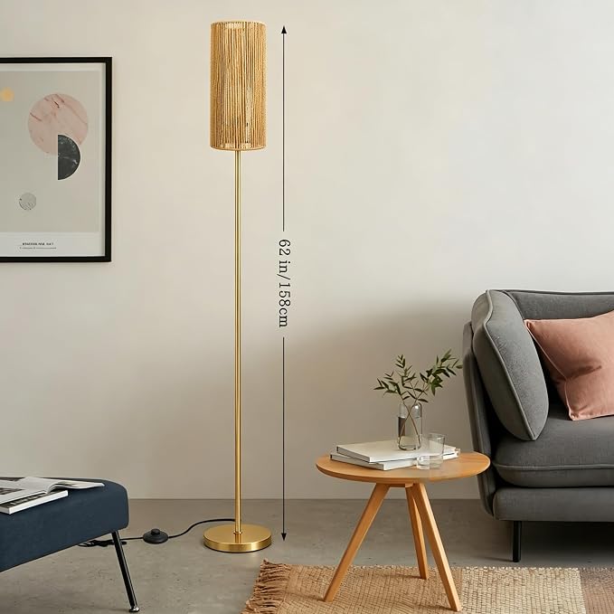 Ruiever Floor Lamp for Living Room,Farmhouse Floor lamp,Modern Standing lamp with Hand-Worked Rattan Shade (Straight Line Rattan Shade Gold Lamp- 3 Color Bulb)
