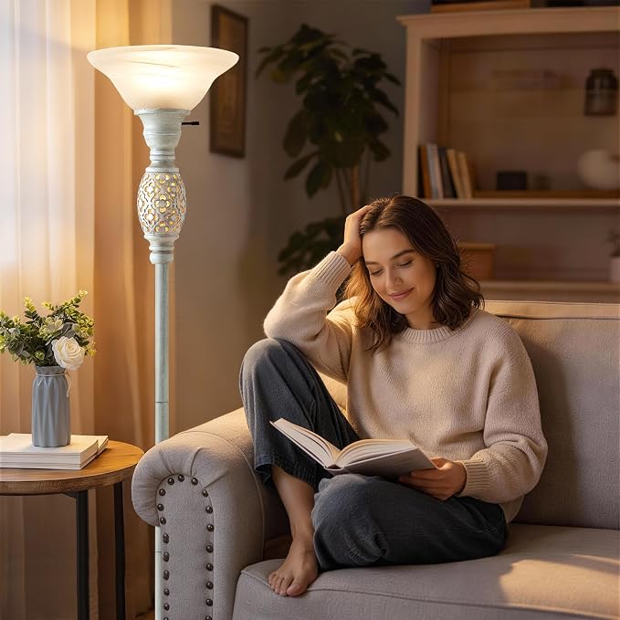 70" Torchiere Floor Lamp with NightLight, Etched Glass Shade, Bulb Included | Floor Lamps for Living Room, Bedroom, Office - vintage floor lamp with Rotary Switch , Home Decor, Bulb Included